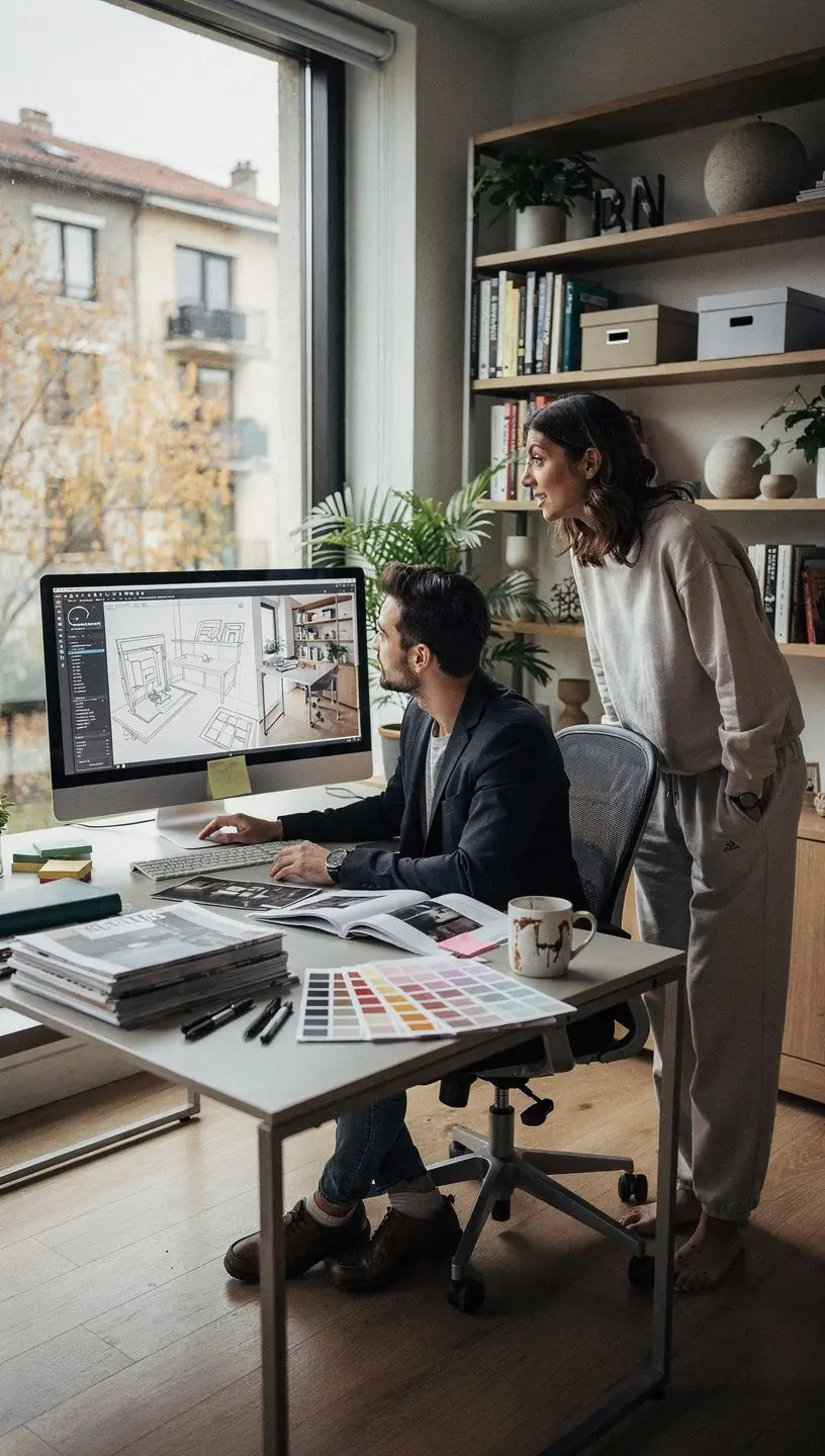 Töötuba, kus on organiseeritud tööpind ja loominguline sisustus, sobides kodukontoriks.